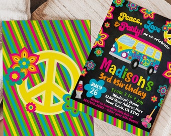 Invito di compleanno hippie modificabile, festa anni '60 (download digitale)