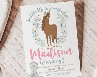 Horse Birthday Invitation, Cowgirl Invitation, Pony Party Invitation, Horse Invites, Floral Birthday Invitation, INSTANT DOWNLOAD