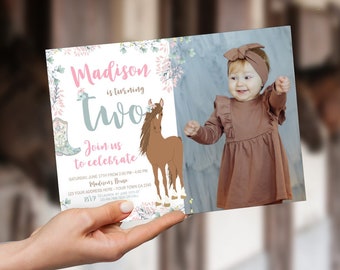 Floral Horse 2nd Birthday Invitation with Photo, EDITABLE, Pony Birthday, Cowgirl Party, Horse Birthday Party Invitation, Instant Download