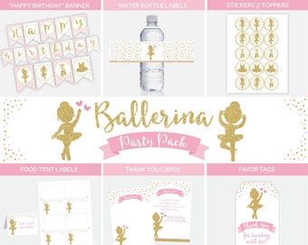 Ballerina Party Pack, NOT EDITABLE, Banner, Water labels, Thank You Cards, Favor Tags, Food Tent labels, Toppers, Printable Decor, DIGITAL