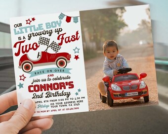 May include: A red and blue birthday invitation with a red race car and the text "Our Little Boy is a Two Fast" and "Connor's 2nd Birthday".