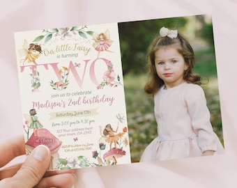 Editable Fairy 2nd Birthday Invitation with Photo: Fall Fairytale Party, Floral Fairy Garden Second Birthday Invite, Corjl Template