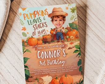 Pumpkin Patch Birthday Invitation with Photo, Custom Editable Invitation, Fall Party, Farm Birthday, Pumpkin Invite INSTANT DOWNLOAD