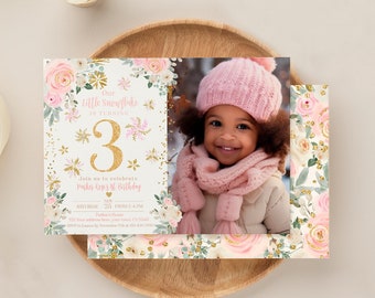 Winter Wonderland 3rd Birthday Invitation with Photo, Snowflake Editable Invitation, Winter Birthday, Floral Pink Gold INSTANT DOWNLOAD