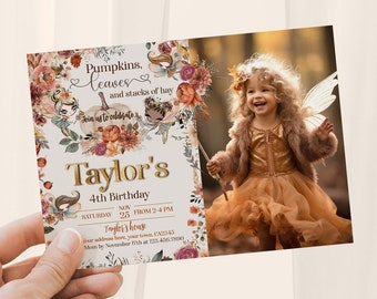 Pumpkin Fairies Birthday Invitation with Photo: Enchanting Woodland & Pumpkin Theme, Fairytale Party Invite, Instant Download Corjl Editable