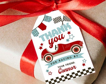 Etiquetas para regalos de cumpleaños con diseño de autos de carreras, imprimibles y editables (descarga digital)