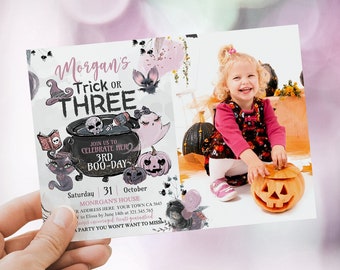 Trick or Three Invitation with Photo Halloween 3rd Birthday editable Invitation Three Spirit Party Brewing Boo Day Halloween Costume Party