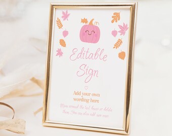 Little Pumpkin Editable Sign Party Decorations in light Pink and Orange