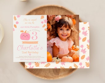 Little Pumpkin Birthday Editable Invitation with photo in light pink and orange colors for any Age