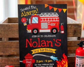 Firefighter Birthday Invitation, Firetruck Party (Editable, Instant Download)