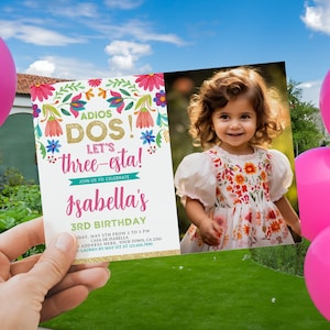Convite de aniversário Cinco de Mayo Threesta com foto, convite para festa de festa floral mexicana editável, sem tempo para sesta, download instantâneo