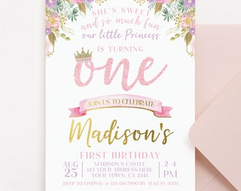 Princess First Birthday Invitation, EDITABLE, Royal Birthday Invitation, Princess 1st Birthday, EDIT YOURSELF Digital, Instant Download