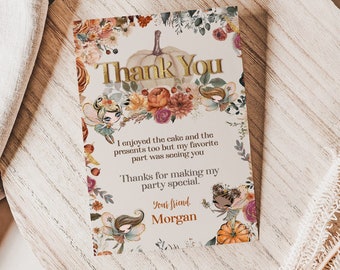 Pumpkin Fairy Party Thank You Card: Fairytale Birthday and Fall Woodland Baby Shower Thank You Notes, Instant Download, Corjl.Template