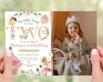 Editable Fairytale Party Second Birthday Invitation with Photo, Whimsical Fall 2nd Birthday Invite Autumn Garden Fairy Magical Floral Party