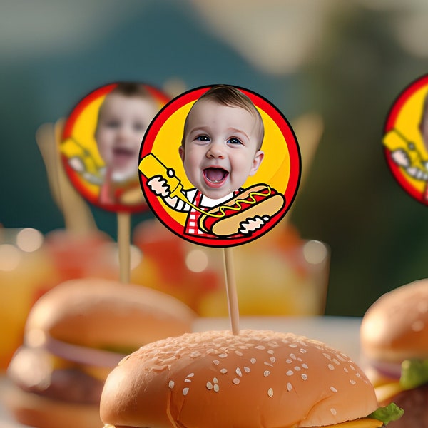 BBQ Birthday Party Toppers with Photo, BBQ Party Decorations, BBQ Stickers with photo, Backyard Straw Toppers, BbQ Toppers, Place Your Face