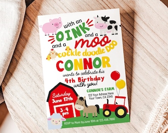 Farm Animals Birthday Invitation, Editable Barnyard Party (Instant Download)
