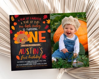 Little Turkey 1st Birthday Invitation with Photo,EDITABLE, Thanksgiving Invitation, Fall Party, DIGITAL Pumpkin Patch, Instant Download