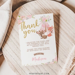 Wild One Girl Thank You Card, EDITABLE, Woodland Party Thank You Cards, Boho, Forest Animals, DIGITAL, Instant Download