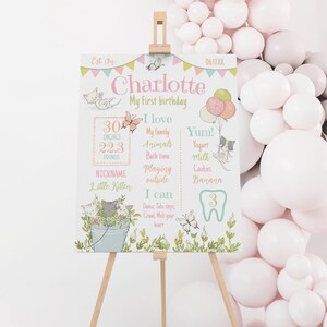 Tablero de primer cumpleaños de gatito, editable, letrero con estadísticas de cumpleaños de gatitos en el jardín, pizarra con hitos de fiesta de gatos, gráfico de primer cumpleaños de gatitos.