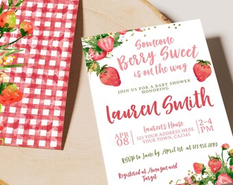 Strawberry Baby Shower Invitation Template, Editable, Some One Berry Sweet Is On The Way, Girl Baby Shower, Strawberry Baby Sprinkle Invite