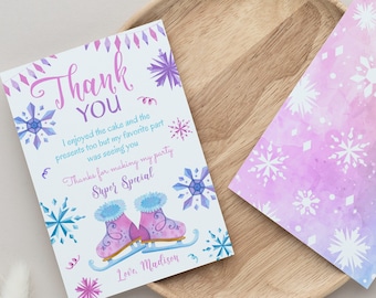 Ice Skating Birthday Thank You Card, Editable Winter Wonderland Thank You Notes, Snowflake Birthday Party Card, Printable, Instant Download