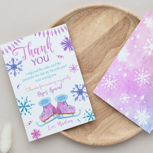 Tarjeta de agradecimiento de cumpleaños de patinaje sobre hielo, notas de agradecimiento editables del país de las maravillas de invierno, tarjeta de fiesta de cumpleaños de copo de nieve, imprimible, descarga instantánea