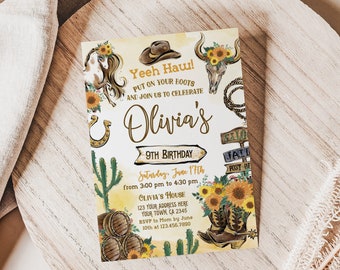 Cowgirl Invitation: "Gallop Over & Yeehaw!" Cowgirl Party Invite, Rustic Wild West, Rodeo, and Horse Birthday - Instant Edit in Corjl
