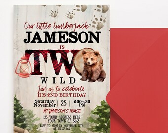 Lumberjack Bear 2nd Birthday Invitation, Two Wild Invitation, Editable Baby Bear Birthday Party, Winter Woodland Invite, Instant Download