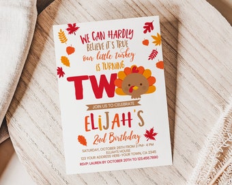 Little Turkey 2nd Birthday Invitation, EDITABLE Thanksgiving  Birthday Invitation, Autumn Party, DIGITAL Pumpkin Patch, Instant Download