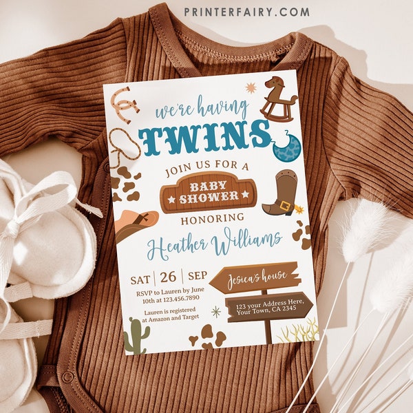 Cowboy Baby Shower Invitation for Twins, Editable, Rodeo Baby Sprinkle, Little Cowboy Baby Shower Party, Wild West Rodeo, Ranch Baby Shower