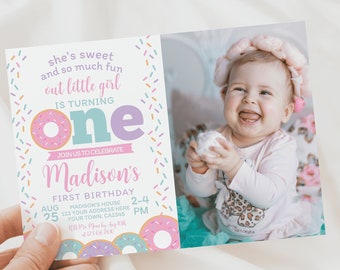 Donut First Birthday Invitation with Photo, EDITABLE, Sprinkles 1st Birthday Party, Sweet One, Donut Party, First Birthday, Instant Download