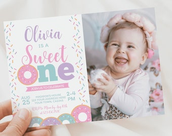 Donut Invitation with photo, First Birthday, EDITABLE, Donut 1st birthday Invitation, Sweet One Invitation, EDIT YOURSELF with Corjl