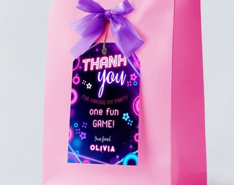 Party Glow Favor Tags: Jump, Dance, Neon Roller Skate, Karaoke, Arcade & Bowling - Editable with Corjl, Instant Download Template.