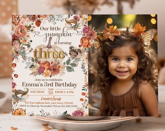 Pumpkin Fairy Third Birthday Invitation with Photo: Enchanting Woodland & Pumpkin Theme, Fairytale Party, Instant Download Editable on Corjl