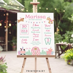Farm First Birthday Stats Sign, Cute Farm Animals, Farm Birthday Milestones Board, Pink Barnyard Party, Girl Birthday Farm Chart, Download