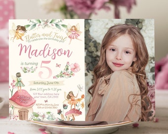 Editable Fairy Birthday Invitation with Photo: Fall Fairytale Party, Floral Fairy Garden Third Birthday Invite, Corjl Template