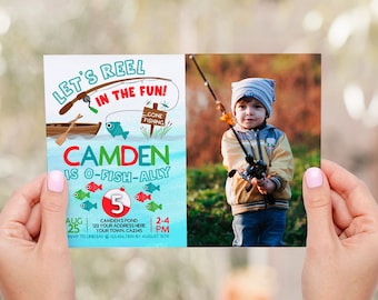 Fishing First Birthday Invitation with Photo, EDITABLE, Gone Fishing Party, O-Fish-ally Invitation, ANY AGE, Instant Download Digital