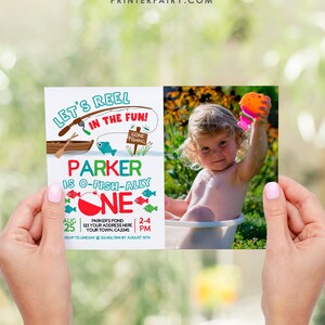 Fishing First Birthday Invitation with Photo, EDITABLE, O-Fish-ally One Invitation, Gone Fishing Party, Instant Download Digital Invitation