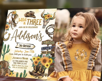 Wild and Three Cowgirl Birthday Invitation with Photo: Celebrate with Rodeo, Horse & Rustic Charm - Editable in Corjl, Instant Download