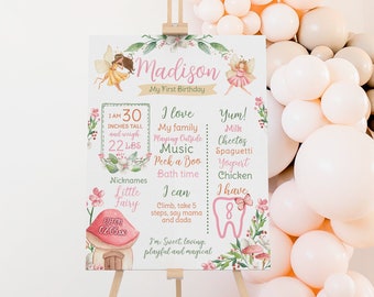 Editable Fairy Birthday Milestones Sign, Whimsical First Birthday Stats Board, Princess Garden Fall Party Decor for Girl, Instant Download