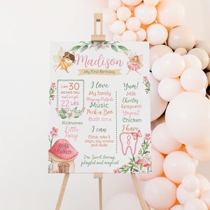 Editable Fairy Birthday Milestones Sign, Whimsical First Birthday Stats Board, Princess Garden Fall Party Decor for Girl, Instant Download