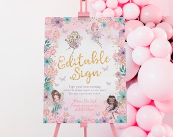 Fairy Ballerina Editable Sign, Ballerina Birthday Decorations, Fairy Welcome Sign, Enchanted Forest Floral Welcome Sign INSTANT DOWNLOAD