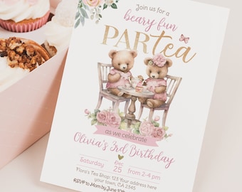 Tea Party with Bears Invitation, Birthday Party Invite, Bear Par-tea, Editable in Corjl.