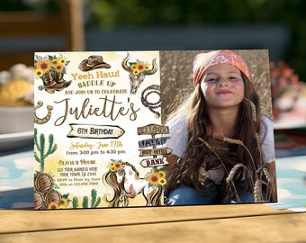 Cowgirl Invitation with Photo, "Yeehaw & Saddle Up!" Horse Birthday Invite: Wild West Rodeo Rustic Fun - Editable in Corjl