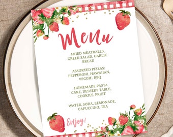 Strawberry Baby Shower Menu Sign, Editable, Strawberry Party Food Table Sign, Girl Baby Shower Dinner Menu, Strawberry Baby Sprinkle Menu