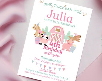 Farm Animals Birthday Invitation, Pink Barnyard Party (Editable Template, Digital Download)