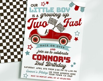 Race Car 2nd Birthday Invitation, Two Fast Party (Editable)