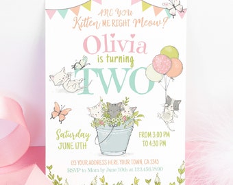 Kitty Cat Second Birthday Invitation, Editable, Kitten Garden Birthday Party, Cat Party, Are you Kitten Me Right Meow, Print Invite Template