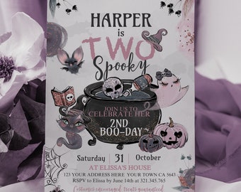 TWO Spooky Halloween Birthday Invitation EDITABLE 2nd Boo Day Halloween Costume Party Pumpkin Ghost Invite Terrible 2 Instant Download