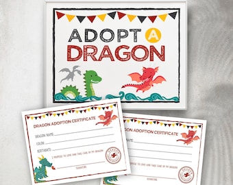 Adopt a Dragon Printables, Pet adoption Party, Dragon Adoption Certificate and Sign, Dragon Birthday Party Decorations, Instant download